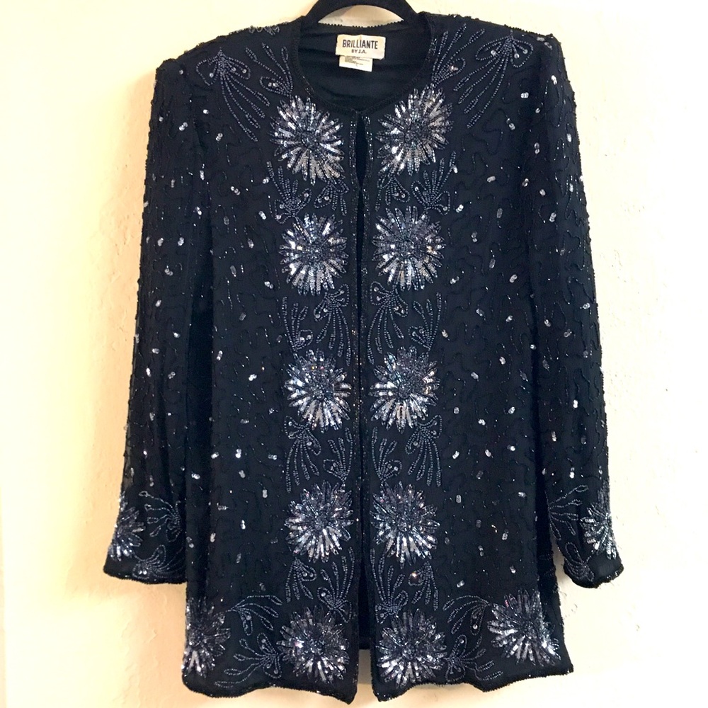 Vintage Brilliante By JA Silk Sequin Beaded Blazer Jacket Large Black Evening